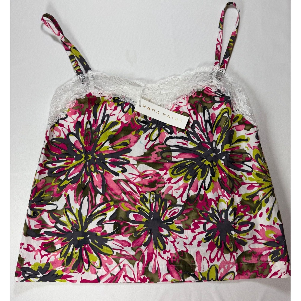 Trina Turk Floral Cotton Lace Trim Camisole Top Pink Green XS Pajama